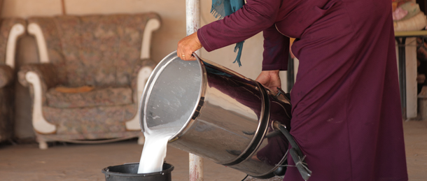A woman in Ras Al Auja, Jordan Valley, who now uses her own clean energy to run appliances for dairy production.