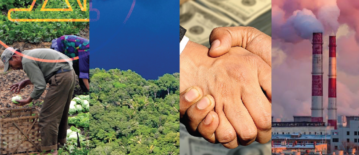 Montage of four images: indigenous farmer, protected land, handshake deal and extractive industry