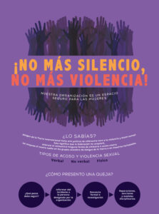 afiche violeta con dibujos de manos y titulo no mas silencio no mas violencia 