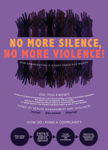 purple poster saying no more silence, no more violence with graphic of hands